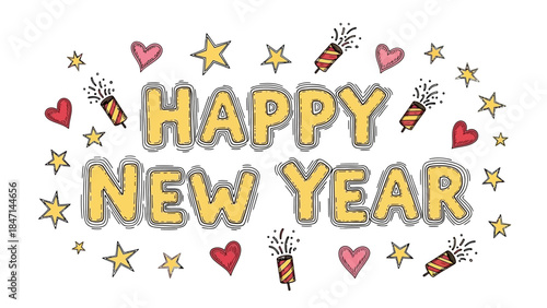 Vibrant Happy New Year celebration with fireworks and hearts