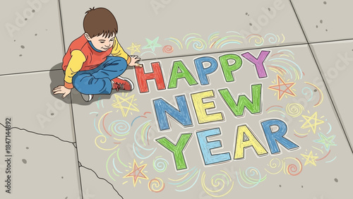 Young boy drawing Happy New Year message on pavement with colorful chalk