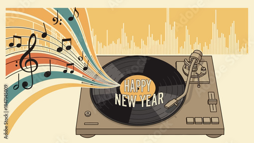 Happy New Year celebration with vintage record player and music notes