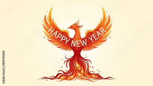 Vibrant phoenix bird celebrating Happy New Year with fiery spirit