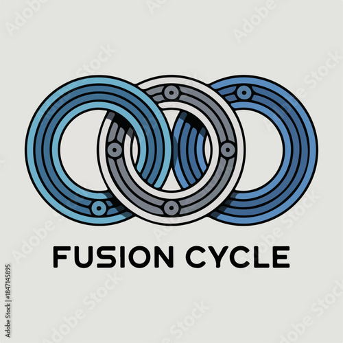 Fusion Cycle interlocking ring gear emblem, mechanical loop logo for engineering, automation, manufacturing and technology brand identity