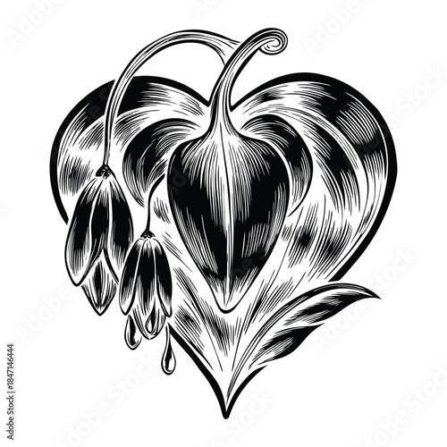 Romantic Bleeding Heart Flower Vector Art with Heart Shaped Petals and Curved Stems Perfect for Floral Patterns Invitations and Decorative Artwork