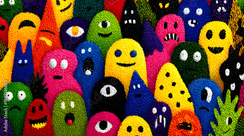 Colorful abstract pattern filled with playful shapes and cheerful faces