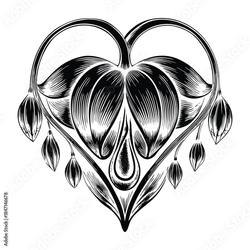 Vector Illustration of Bleeding Heart Flower with Gradient Pink Petals and Realistic Leaves Isolated on White Background for Design Use