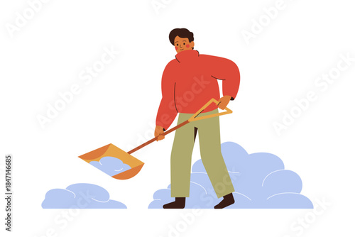 young man removing snow with shovel from the street in winter. male character in warm clothes cleaning yard or road after snowfall. vector illustration