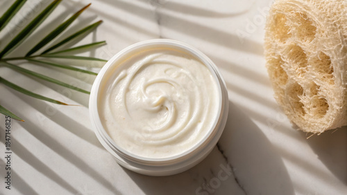Self care visual routine. Creamy body scrub in white container next to natural loofah and palm leaf