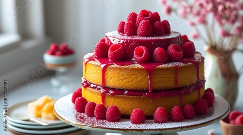 Elegant layered sponge cake topped with fresh raspberries and dripping raspberry sauce. Beautifully styled dessert on a cake stand, perfect for celebrations, baking inspiration, and food photography.