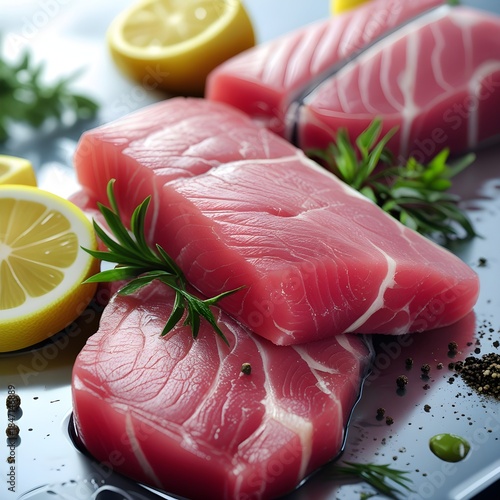 Raw fresh tuna fillet displayed with lemon slices, herbs, and peppercorns on a glossy surface. High-quality seafood concept highlighting freshness, texture, and gourmet cooking ingredients.