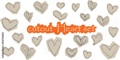 Collage hearts cut out heart hand with Hand drawn Valentine's day decor elements. Cut out paper pieces for scrapbook, love and caring symbol vector illustration set