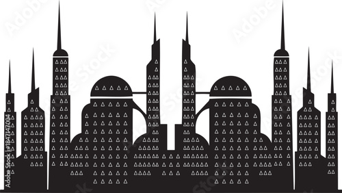 Silhouette of islamic mosque architecture with spires and domes, abstract city skyline, monochrome vector