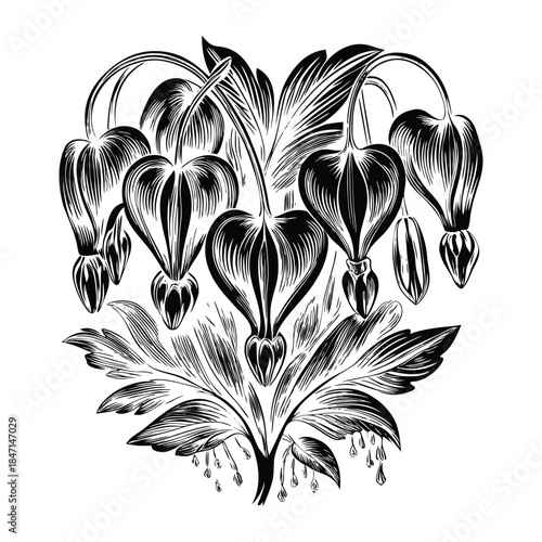 Vector Art of Bleeding Heart Flower with Delicate Pink Petals and Green Leaves Isolated on Transparent Background for Print and Digital Use
