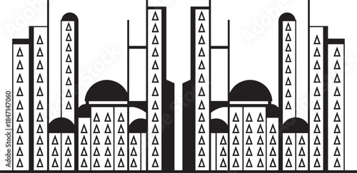 Symmetrical architecture with triangles and domes, islamic style buildings, abstract cityscape, monochrome vector