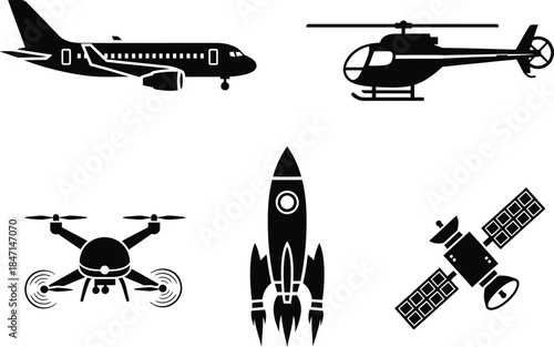 Black bold neat icons of neat airplane helicopter drone rocket satellite flight set