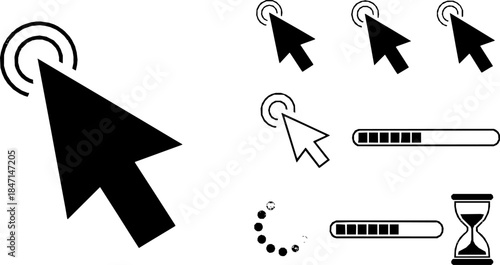 Computer mouse click cursor gray arrow icons set and loading icons. Cursor icon. Mouse click cursor collection.
