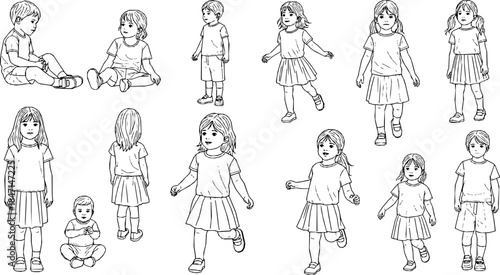 CAD Drawings. Set kids outlines isolated on white background. Sitting, walking, etc. Vector illustration.
