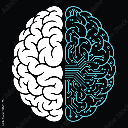 Conceptual illustration of a human brain with one half organic and the other a circuit board, symbolizing ai and technological integration.