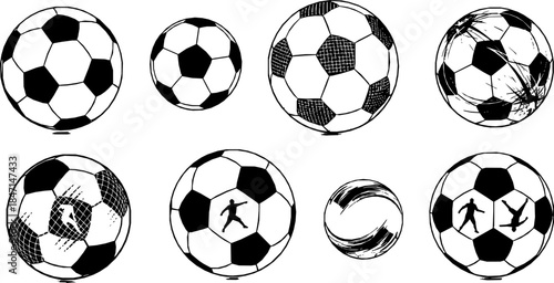 Set of monochrome soccer balls. Football or soccer related. Collection symbol of football
