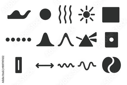 Wave-Particle Duality Icons. Solid style icons of Wave-particle duality: wave crest, particle dot, interference fringe, photon