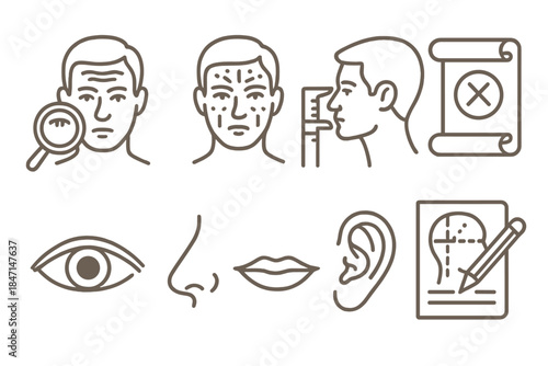 Ancient Character Icons. Line style icons of Ancient Character Study: Forehead Wrinkle Reading, Face Mapping, Character Assessment