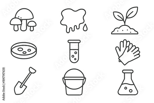 Bioremediation Icons Set. Line style icons of Environmental Bioremediation: Fungi, Oil Contamination, Toxin Removal, Soil