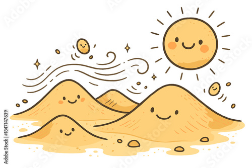 Whimsical Dune Wonderland. Whimsical doodle sand dune landscape with smiling dunes, cartoon grains bouncing, cheerful sun with a
