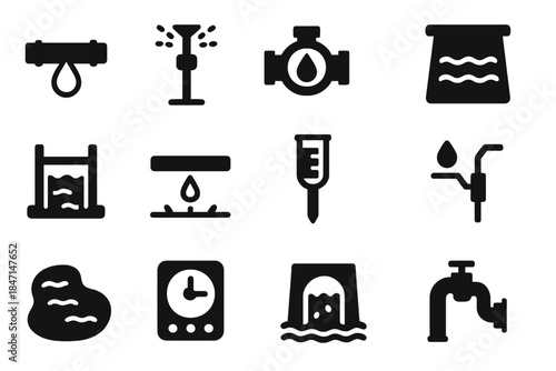 Water Management Icons. Solid style icons of Water management: irrigation pipe, sprinkler head, flow meter, water reservoir, canal