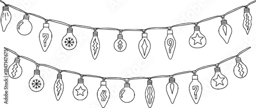 Seamless border Christmas holiday lights. Repeating pattern line art coloring light bulbs garland for Christmas holiday cards, banners, footer, header, menu. Vector illustration black on white.