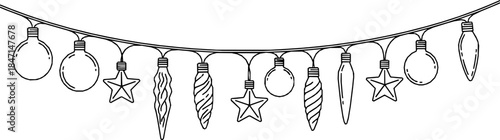 Seamless border Christmas holiday lights. Repeating pattern line art coloring light bulbs garland for Christmas holiday cards, banners, footer, header, menu. Vector illustration black on white.