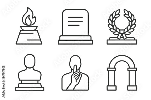 Memorial Design Icons. Line style icons of Commemoration and Memorial Design: eternal flame, name engraving slab, wreath on stone,