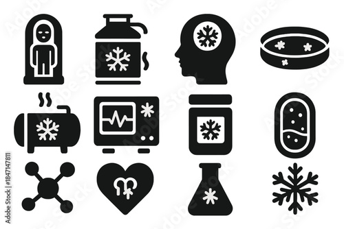 Cryogenic Preservation Icons. Solid style icons of Cryogenic Preservation: Cryo-chamber, Liquid Nitrogen, Future Hope,