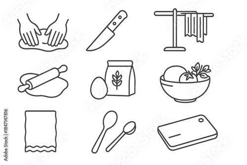 Line Style Kitchen Icons. Line style icons of Handmade Cuisine: Dough Kneading, Cutter Knife, Drying Rack, Fresh Ingredients;