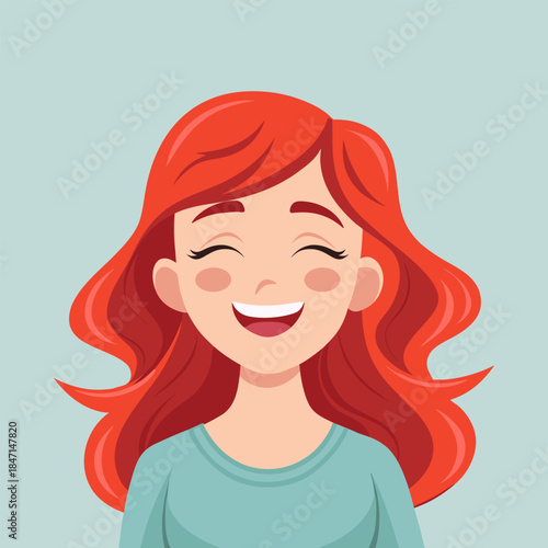 Happy red-haired woman smiling with her eyes closed. Illustration.