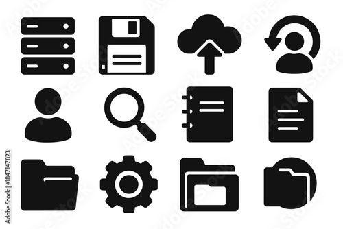 Data Preservation Icons. Solid style icons of data preservation and legacy archives: server, floppy disk, cloud, arrow, spiral,