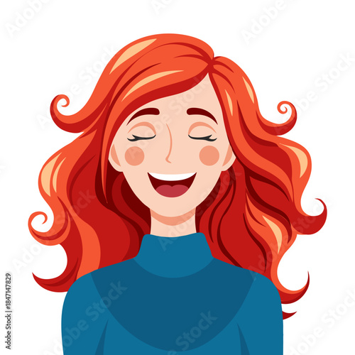 Portrait of a cheerful red-haired woman smiling with her eyes closed. Illustration.