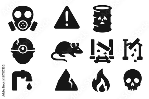 Mine Hazard Icons. Solid style icons of Mine Hazards: Gas Mask, Warning Sign, Cave-in, Toxic Barrel, Cracked Helmet, Rat, Broken