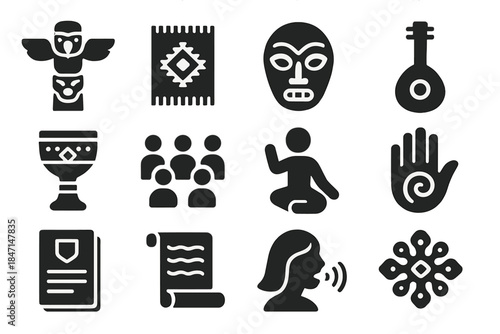 Cultural Memory Icons. Solid style icons of Cultural memory: carved totem, woven fabric, ceremonial mask, traditional instrument,