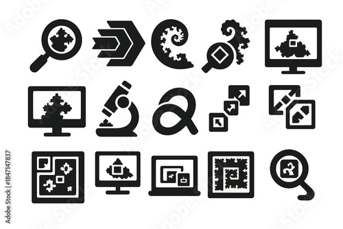 Infinite Zoom Icons. Solid style icons of infinite zoom concept: magnifying glass on fractal, recursive zoom arrows, fractal