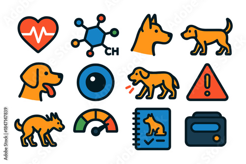Canine Stress Icons. Flat vector icons of stress detection in working dogs: heart rate, cortisol molecule, ear position, tail