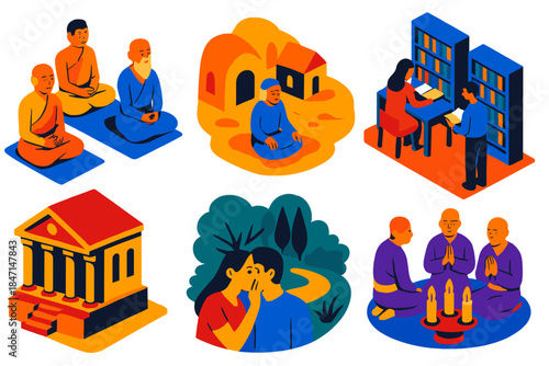 Silent Spiritual Icons. Isometric vector illustration set History of silence: monks meditating, desert hermitages, quiet libraries