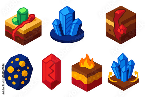Gem Formation Icons. Isometric vector illustration set Gem formation: emerald and ruby veins, sapphire growth layers, mineral