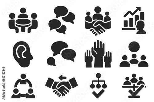 Group Deliberation Icons. Solid style icons of group deliberation: roundtable discussion, speech bubble cluster, consensus