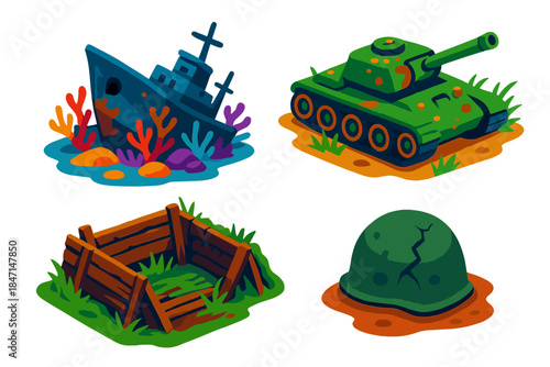 Battlefield Remnants Icons. Isometric vector illustration set Battlefield Remnants: Sunken warship with coral, rusting tank