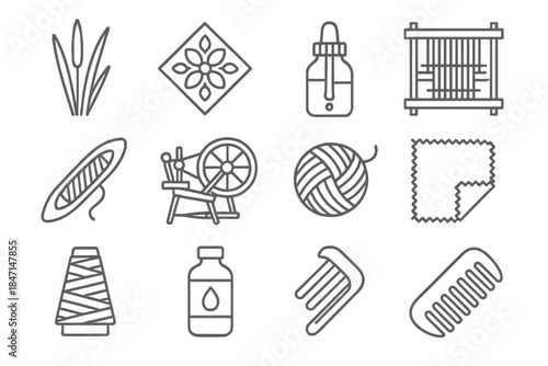 Fabric Art Icons. Line style icons of Fabric Art: Reed, Pattern Motif, Dye, Traditional Weaving; Loom, Shuttle, Spinning Wheel,