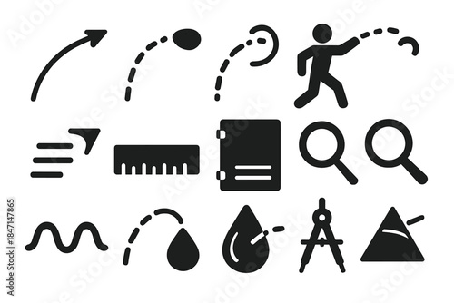 Projectile Motion Icons. Solid style icons of projectile motion and trajectory: arrow, stone, spiral, human silhouette, motion
