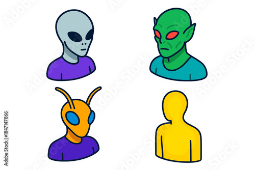 Colorful Alien Archetypes. Isometric vector illustration set Classic Alien Archetypes: Grey alien bust, green-skinned being,
