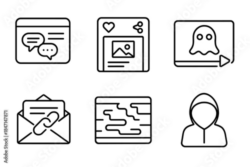 Icons of Modern Myths. Line style icons of Internet and Urban Myths: message board thread, viral post, creepy video still, chain