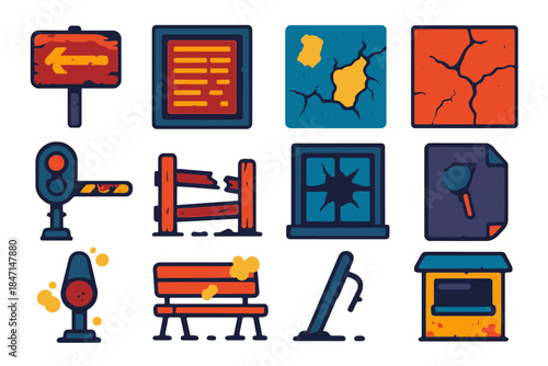 Railway Decay Icons. Flat vector icons of Railway Decay: old sign, faded timetable board, chipped paint, cracked wall, rusted gate