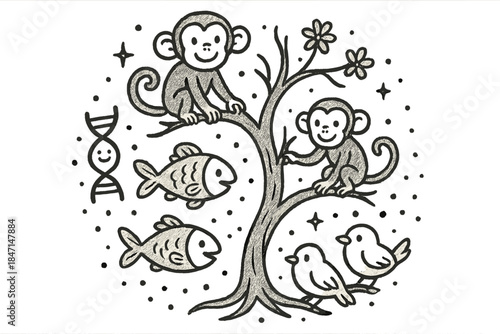 Whimsical Evolutionary Journey. Magical doodle evolutionary modeling with smiling monkeys, fish, and birds climbing a happy