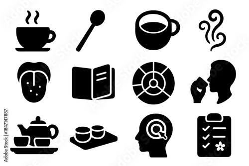 Tea Tasting Icons. Solid style icons of tea tasting: aroma cup, tasting spoon, tea liquor color, aroma swirl, palate chart,