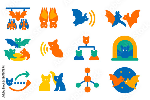 Bat Social Icons. Flat vector icons of bat social structures: bat colony, roosting cluster, echolocation pulse, wing touch,